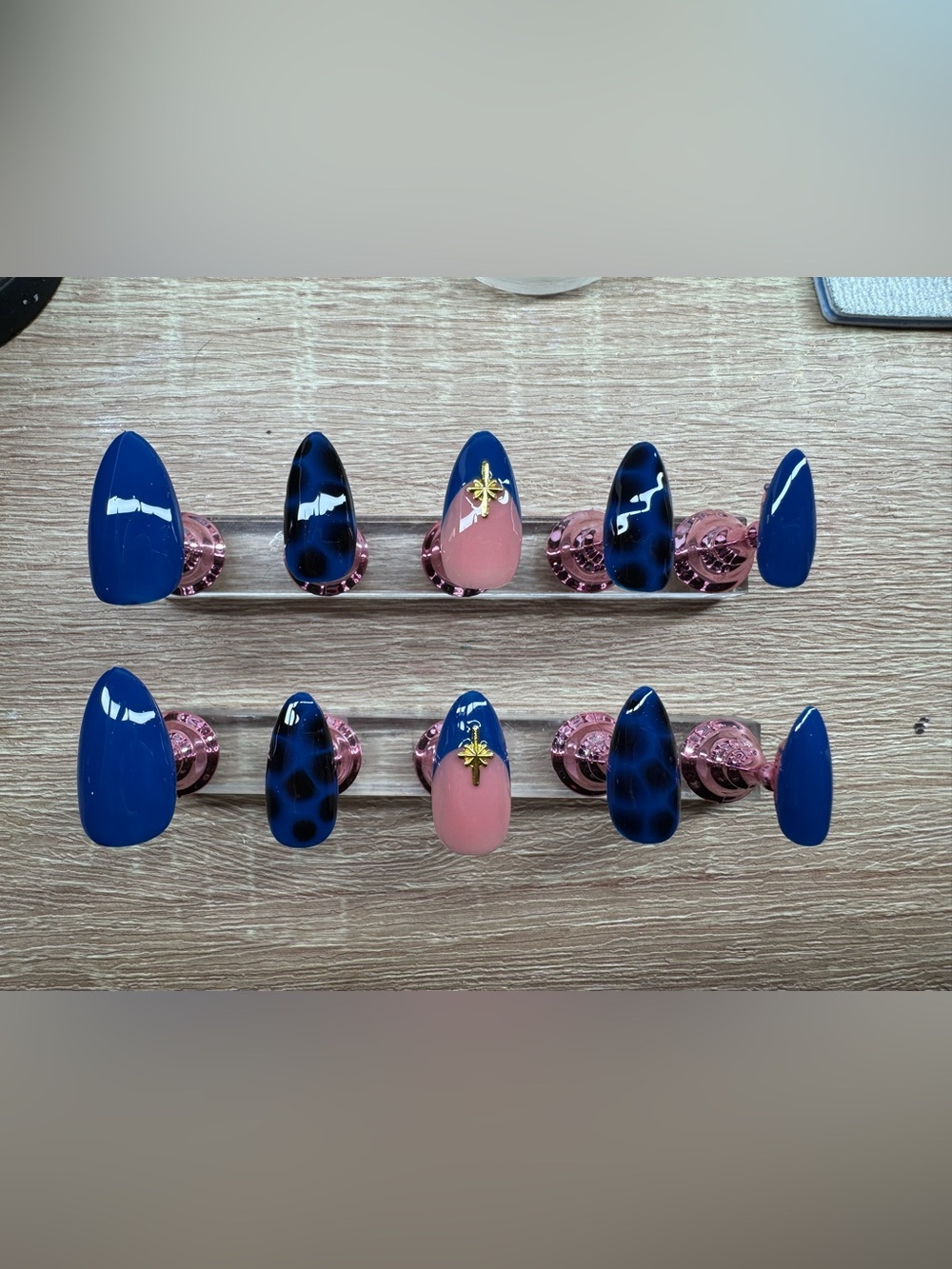 Homemade Navy Blue, Pink & Black Gel Press-On Nails with Gold Accent